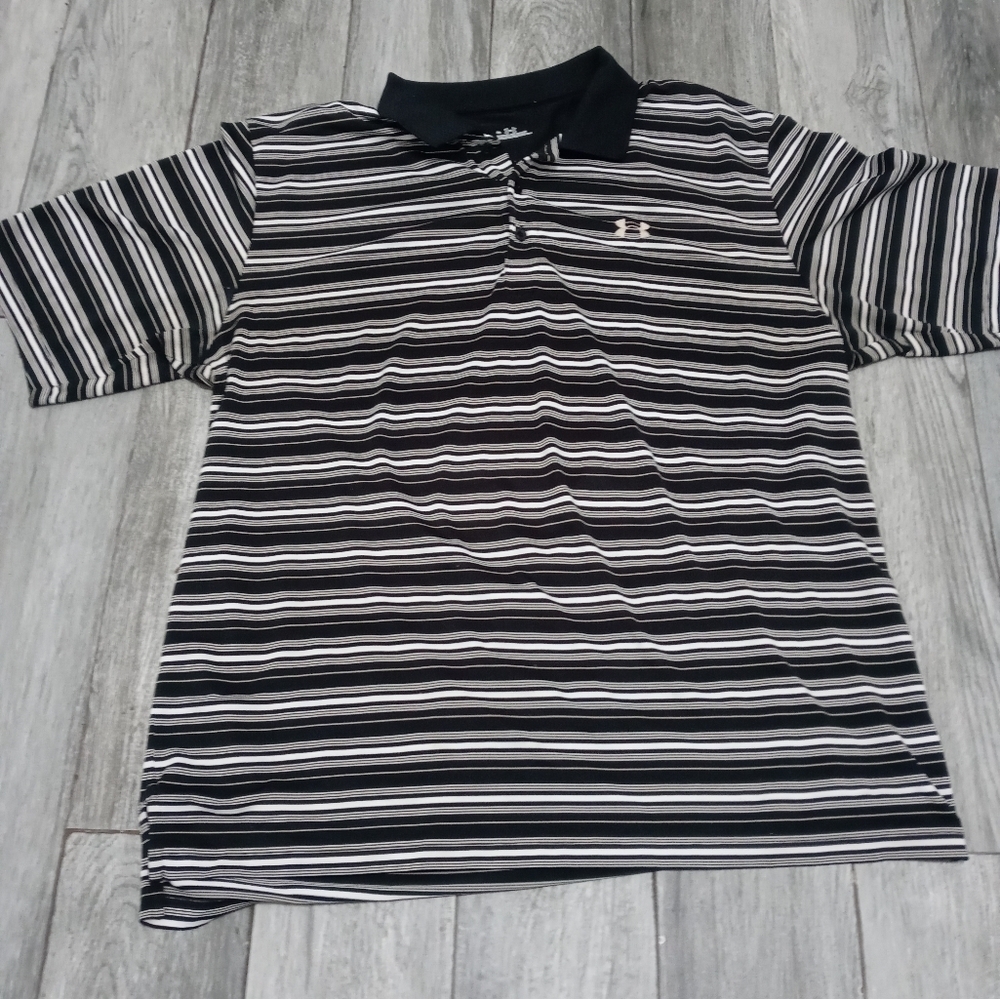 Under Armour Men's XL Short sleeve Black Beige white Striped collar Henley Polo